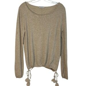 Sea Bleu Sweater 100% Cashmere Long Sleeve Drawstring Hem w/ Tassel Beige‎ SZ L